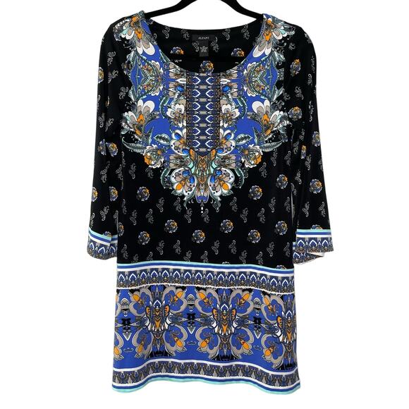 Alfani Boho Paisley Long Sleeve Scoop‎ Neck Knee Length Dress Black Women's XS - Picture 1 of 11